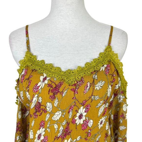 L Love NWT Mustard Yellow Floral Crepe Texture & Lace Cold Shoulder Mini Dress - Picture 3 of 10